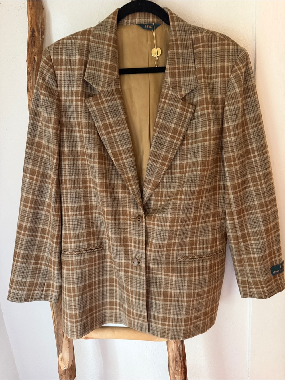 Classic H&W Tan Brown Plaid Wool Blazer Jacket Academia Preppy Tailored 12